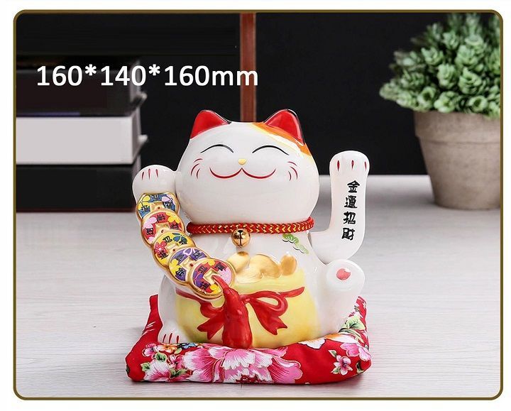 Mèo Thần Tài May Mắn Gốm Men Cao Cấp Có Vẫy Tay (16x14x16cm)