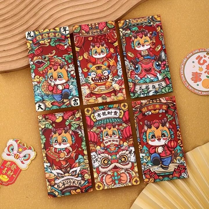 Set 6 Bao Lì Xì Hình Năm Con Rồng Màu Đỏ Năm Mói 2024 May Mắn Kích Thước 16.5x8.5 Cm(dọc) L00