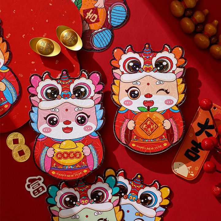 Set 6 bao lì xì hình con rồng chibi màu sắc dễ thương may mắn cho năm mới 2024